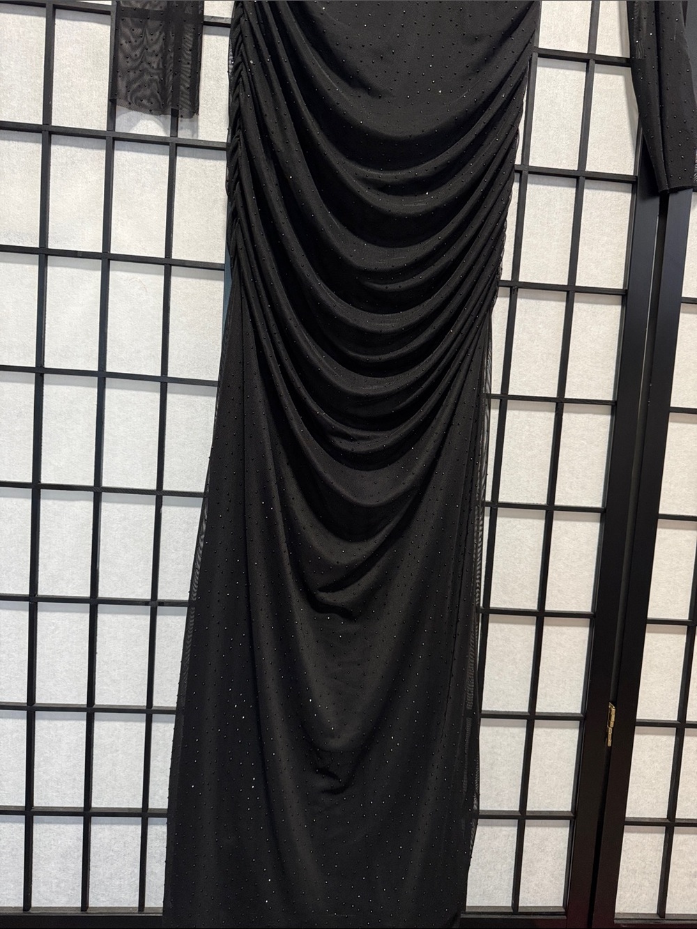 Black Halo Lexington Sheer Rhinestone Ruched Gown Size 12 - Picture 11 of 16